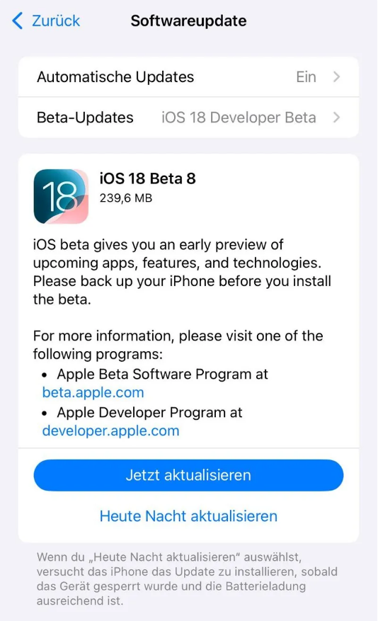 马鞍山苹果手机维修分享苹果 iOS / iPadOS 18 开发者预览版 Beta 8 发布 